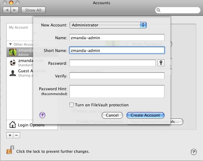 Step 1: Administrative user creation on MacOS X client